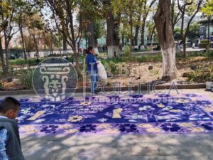 El 8M también es arte: mujeres realizan alfombra de aserrín con consigna feminista.