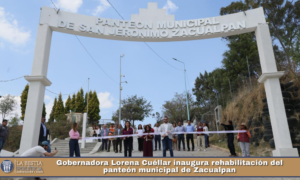 Gobernadora Lorena Cuéllar inaugura rehabilitación del panteón municipal de Zacualpan.