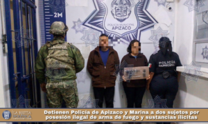 Detienen Policía de Apizaco y Marina a dos sujetos por posesión ilegal de arma de fuego y sustancias ilícitas.