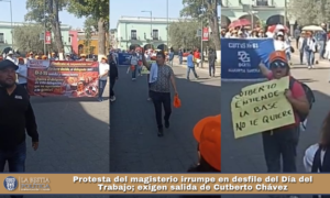 Protesta del magisterio irrumpe en desfile del Día del Trabajo; exigen salida de Cutberto Chávez.