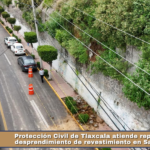 Protección Civil de Tlaxcala atiende reporte por desprendimiento de revestimiento en San Isidro.