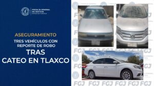 FGJE asegura tres vehículos con reporte de robo tras cateo en Tlaxco.