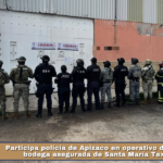 Participa policía de Apizaco en operativo de cateo en bodega asegurada de Santa María Texcalac.