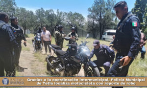 Gracias a la coordinación intermunicipal, Policía Municipal de Tetla localiza motocicleta con reporte de robo.