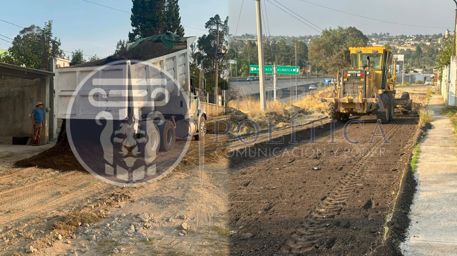 Fotos de las obras con las que la denunciante apoyó la campaña de Azaín Ávalos en 2024, y que consistieron en trabajos de fresado, rastreo y nivelación en calles de San Matías Tepetomatitlán y Belén Atzitzimititlán.
