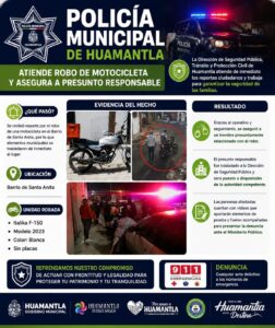 Policía Municipal asegura a presunto responsable tras reporte de robo de motocicleta en Huamantla.