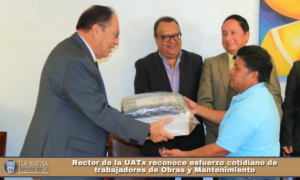 Rector de la UATx reconoce esfuerzo cotidiano   de trabajadores de Obras y Mantenimiento     ü  Entregó uniformes y agradeció su compromiso para que las áreas universitarias luzcan limpias y ordenadas     El Maestro Alejandro Palma Suárez, Rector de la Universidad Autónoma de Tlaxcala (UATx), entregó uniformes a trabajadores de Obras y Mantenimiento, acto en el que expresó su reconocimiento a la solidaridad y al esfuerzo que de forma cotidiana imprimen a su labor para que las áreas universitarias luzcan limpias, ordenadas y en armonía para contribuir a la misión universitaria.     Durante la entrega simbólica de uniformes en la Sala de Juntas de la Secretaría Administrativa, el Rector habló de la importancia de preservar un buen clima laboral porque es un rubro esencial, debido a que cuando la gente viene a gusto y se siente arropada por la Institución, el rendimiento, la actitud y el comportamiento es distinto.     Por eso creo, prosiguió, que la responsabilidad tiene un carácter dual, que implica el compromiso de la UATx con sus trabajadores, por ejemplo, de otorgar las herramientas para el buen desempeño de sus actividades, y de lo que ellos aportan para el buen funcionamiento de la Universidad. Para hacer grandes empresas se tiene que hacer en equipo, es una premisa esencial, y recordó las palabras del exrector Doctor Serafín Ortiz Ortiz: “Nadie hace nada absolutamente solo”.     Acompañado por integrantes de la estructura de gobierno Universitario y por el Licenciado Edgar Herrera Martínez, Secretario del Sindicato de Trabajadores y Empleados de Instituciones de Educación Superior del Estado de Tlaxcala (STEIESET), el Maestro Alejandro Palma reconoció la relación de diálogo y entendimiento para encaminar los proyectos institucionales de manera conjunta, por lo que manifestó su disposición para escucharlos y para hablar los temas de interés común.     El Maestro Palma Suárez escuchó el ofrecimiento de quienes integran Obras y Mantenimiento, a cargo del Lic. Miguel Ángel García Cova, para acompañarlo en su gestión y atender de la mejor forma y con prontitud las tareas que tienen a su cargo..