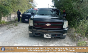 Acción coordinada entre corporaciones permite recuperar vehículo con reporte de robo en Totolac.