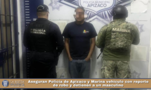 Aseguran Policía de Apizaco y Marina vehículo con reporte de robo y detienen a un masculino.