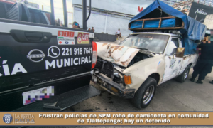 Frustran policías de SPM robo de camioneta en comunidad de Tlaltepango; hay un detenido.