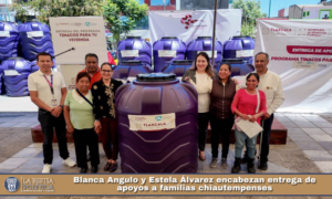 Blanca Angulo y Estela Álvarez encabezan entrega de apoyos a familias chiautempenses.