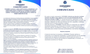 Coparmex Tlaxcala pide reforzar la seguridad y mejorar las condiciones para la inversión.
