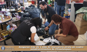 Aseguran más de 1 mdp de mercancía pirata en cuatro establecimientos de Chiautempan.