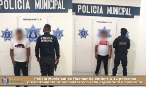 Policía Municipal de Huamantla detiene a 12 personas presuntamente relacionadas con robo organizado a comercio.
