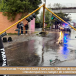 Intervienen Protección Civil y Servicios Públicos de la capital en apoyo a Chiautempan tras colapso de semáforo.