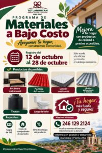 Gobierno de Tetlanohcan abre registro para el Programa de Materiales a Bajo Costo.